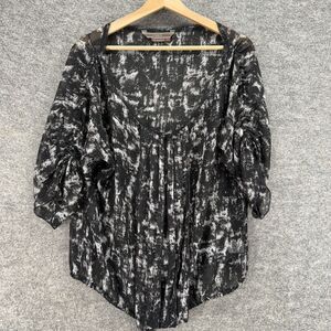 Max Blouse Women L Large Black Geometric V-Neck 3/4 Sleeve Pullover Casual